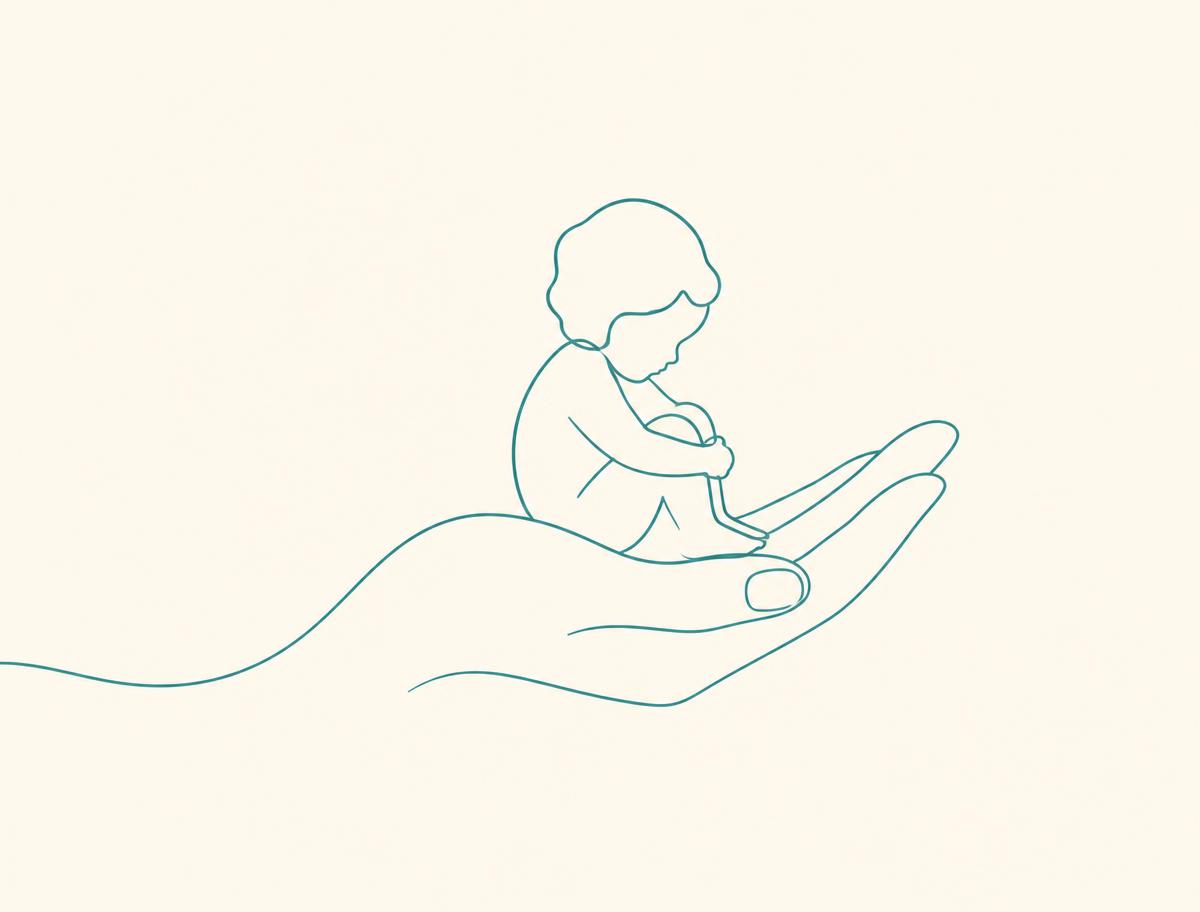 Line illustration of a hand cradling a child